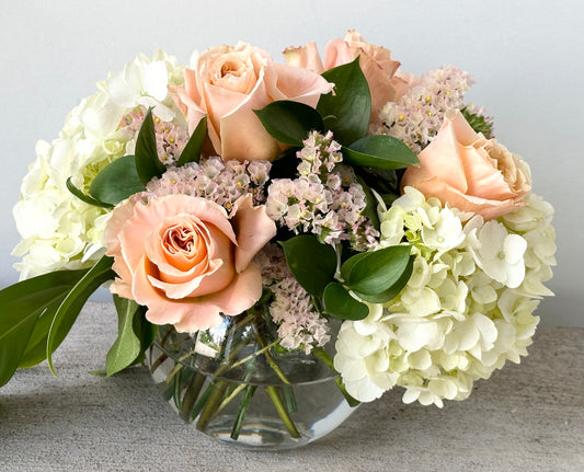 Bowl of Joy Peach and White Floral Arrangement