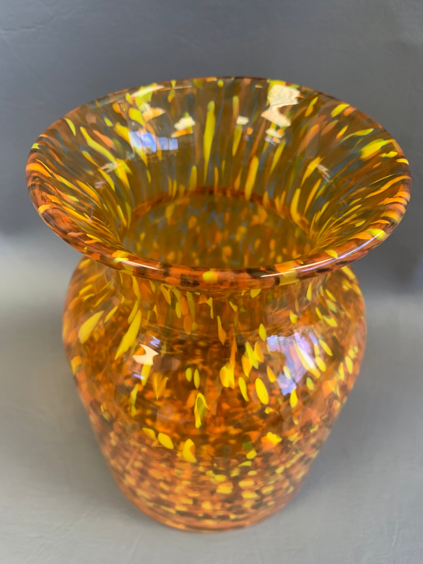 Orange, Yellow & Clear Glass Vase – 7” Tall