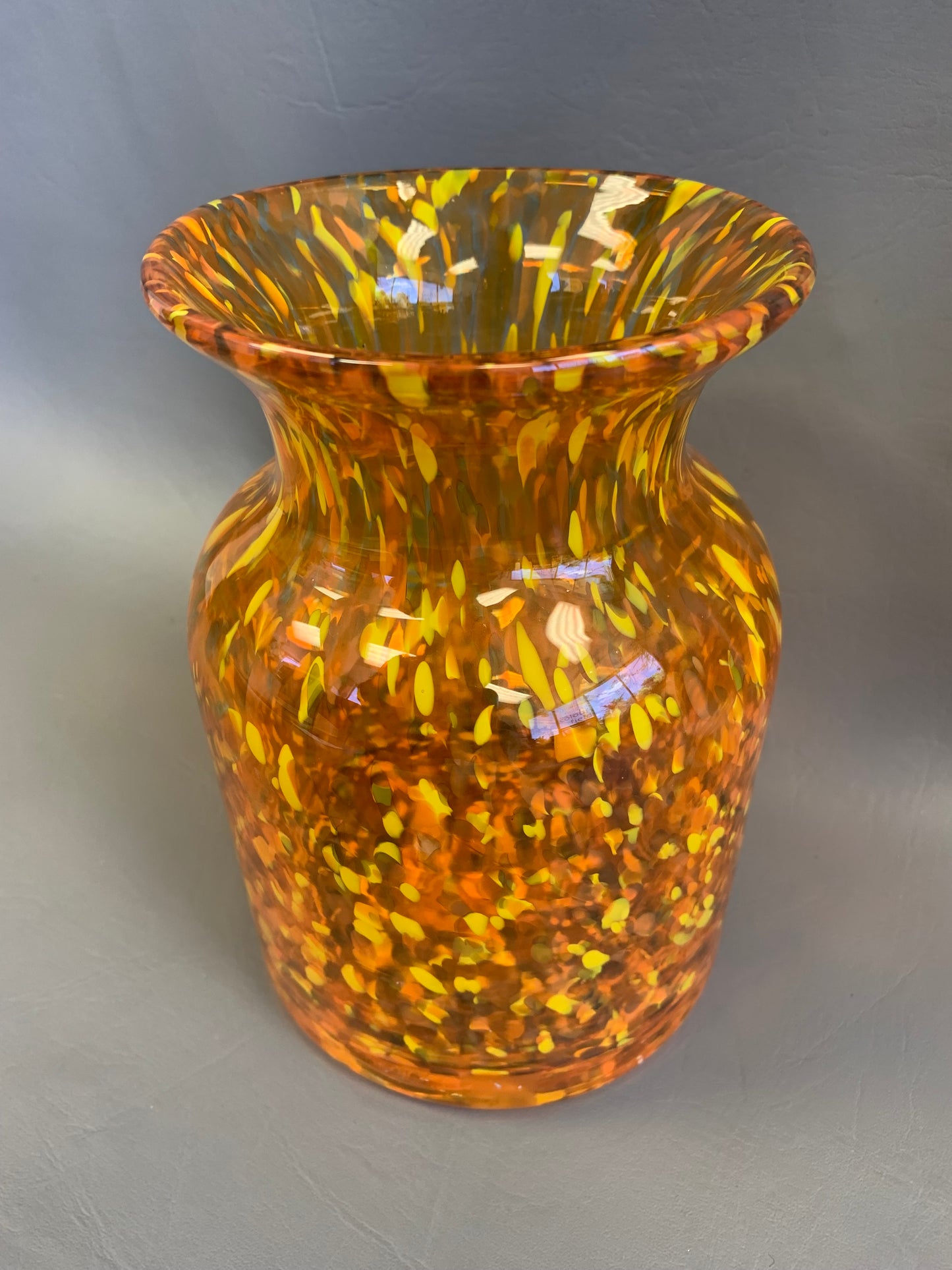 Orange, Yellow & Clear Glass Vase – 7” Tall