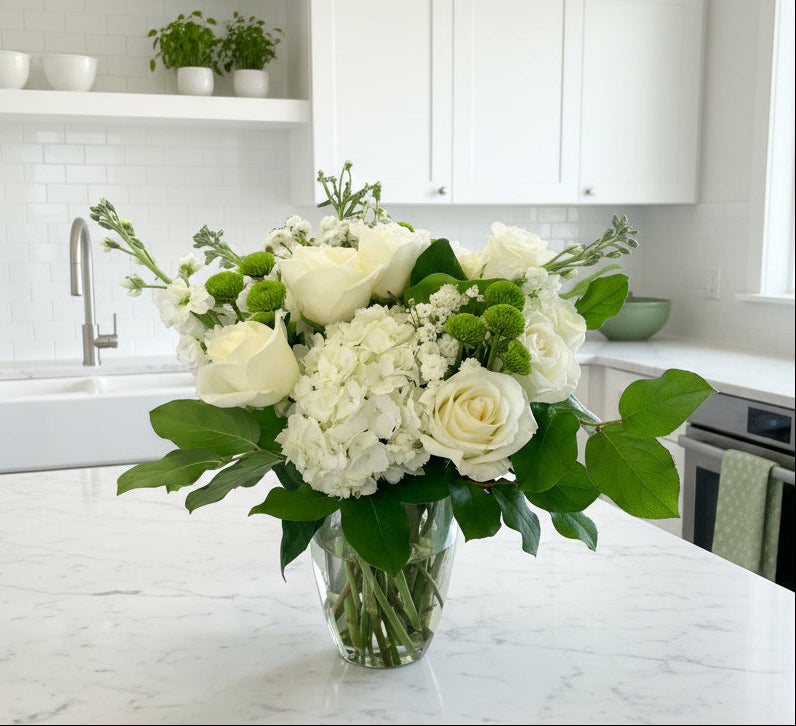 Bouquet of white flowers in a modern kitchen