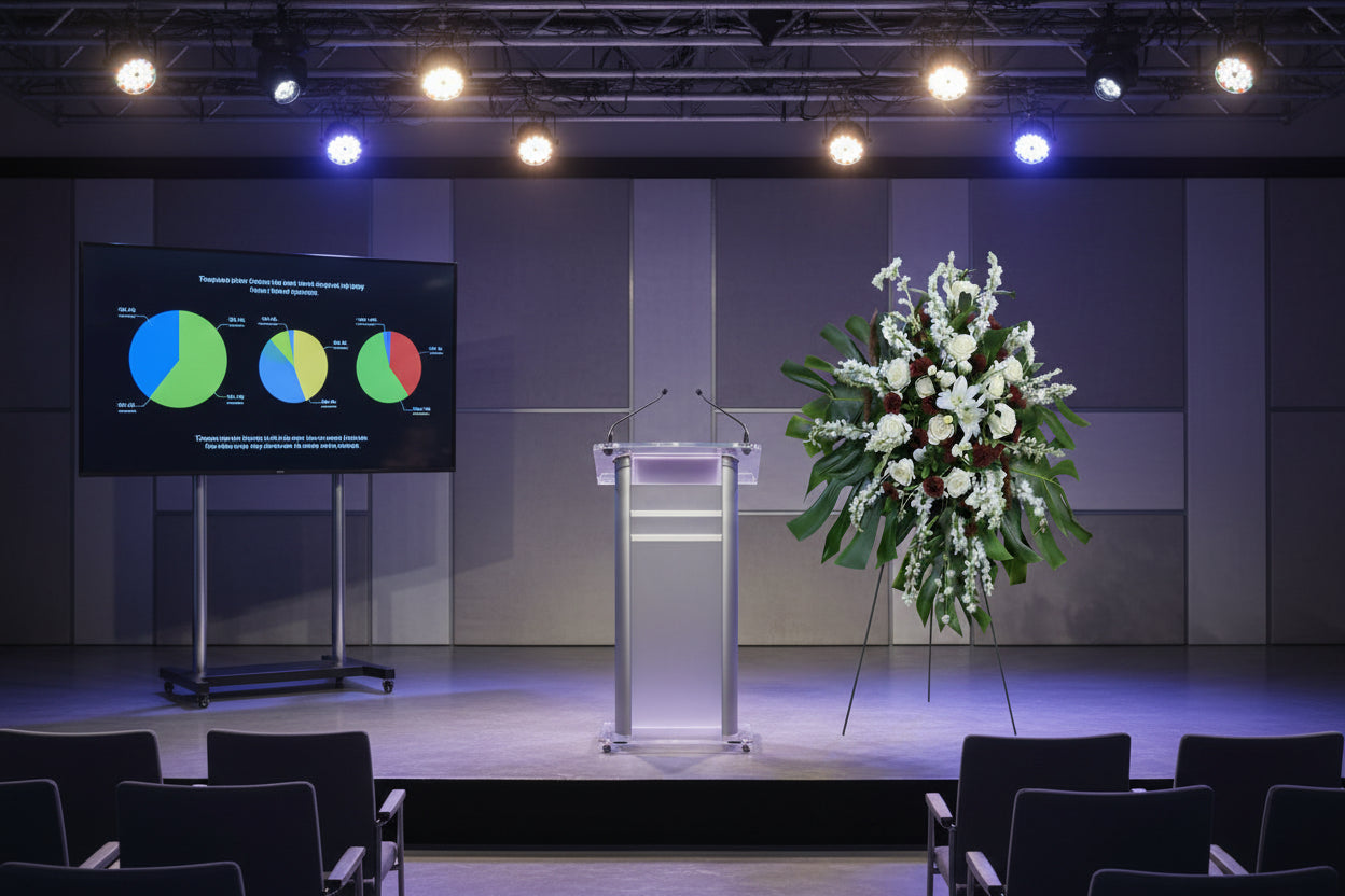 Floral arrangement in front of a screen displaying graphs and charts, and a podium