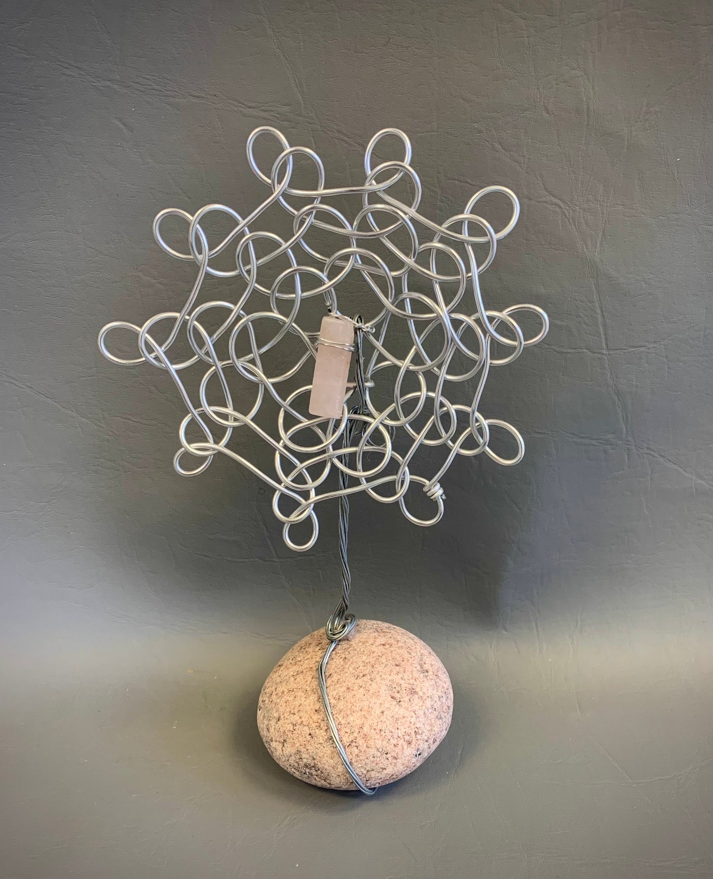 Everlasting silver wire flower sculpture with pink quartz