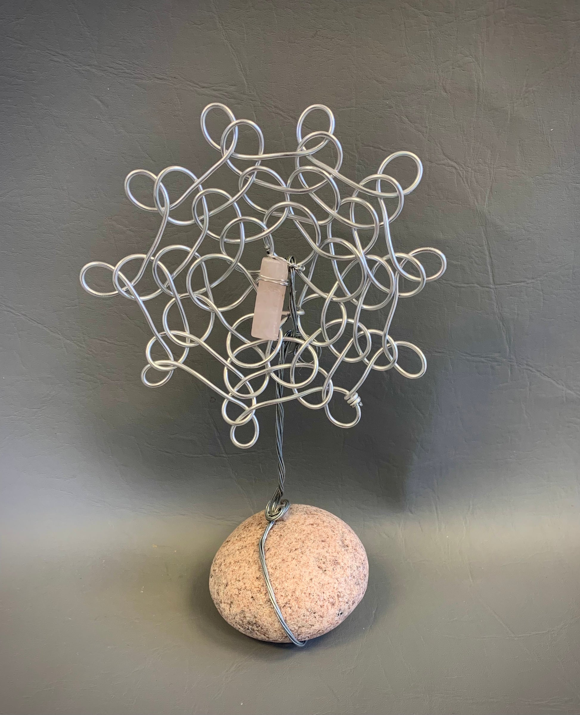 Everlasting silver wire flower sculpture with pink quartz