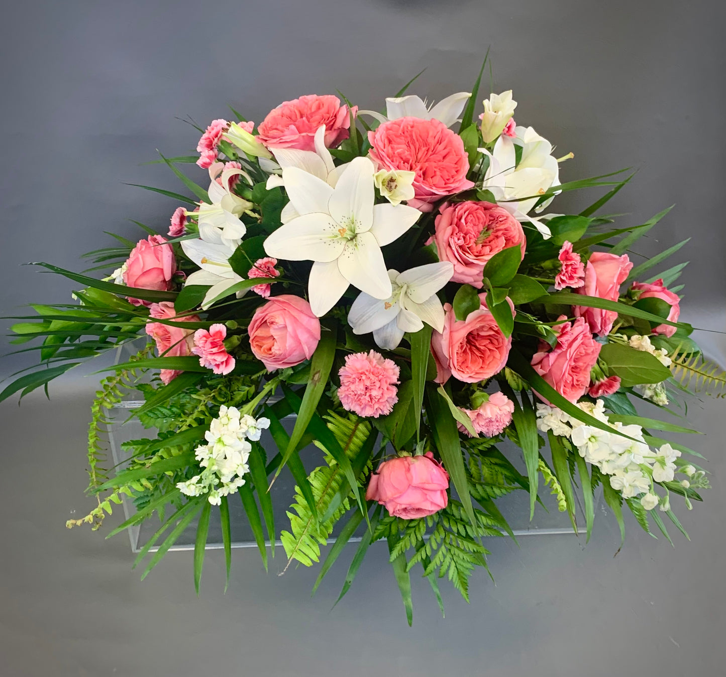 Beautiful peaceful Pink and White Casket Spray for next day delivery in North York Scarborough and Greater Toronto Area