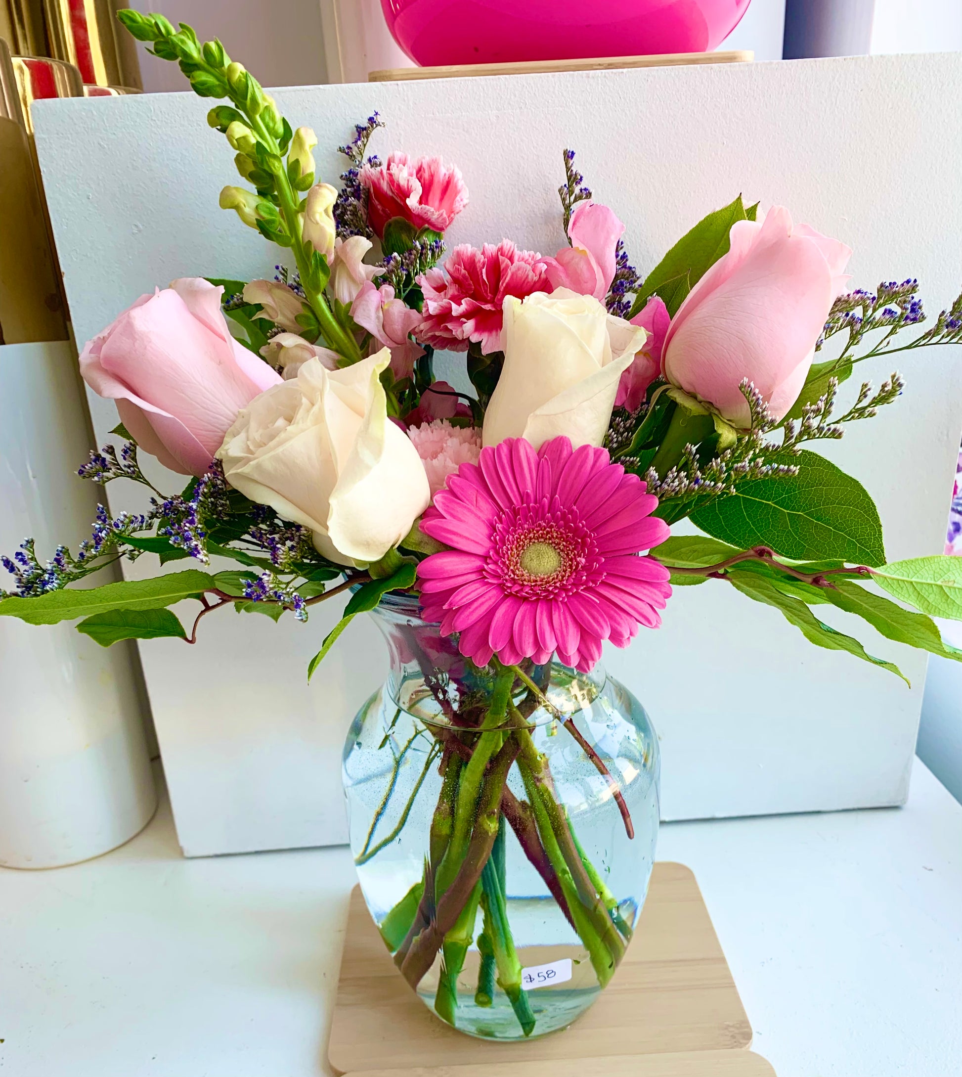 ready to go pretty pink arrangement in glass vase