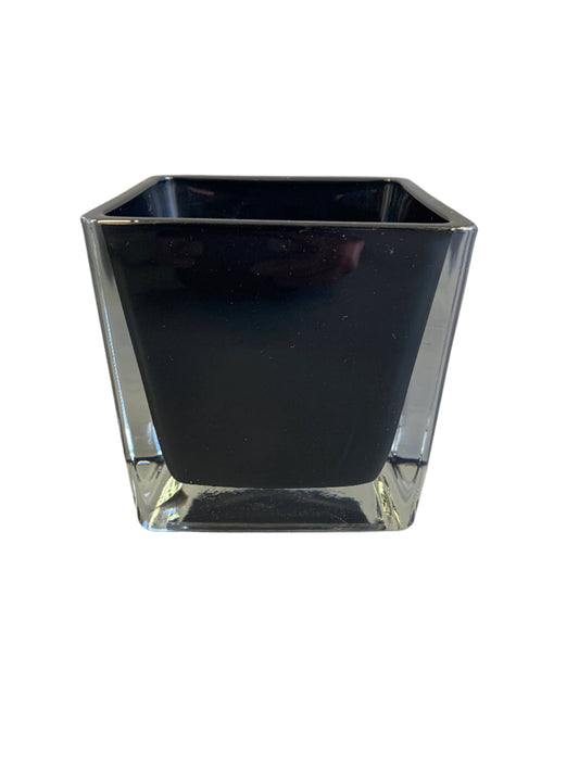 Shiny black glass cube vase 4”