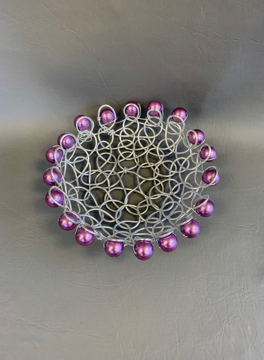 Silver wire hand woven basket with purple beads