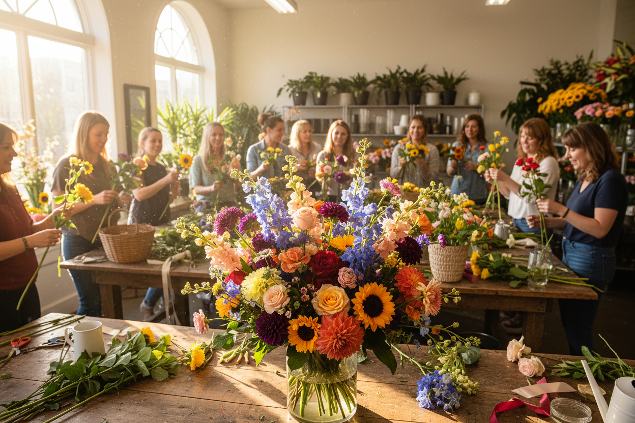 A large glass vase of flowers in a flower shop that is part of a flower arranging workshop for team building, the people are having fun together