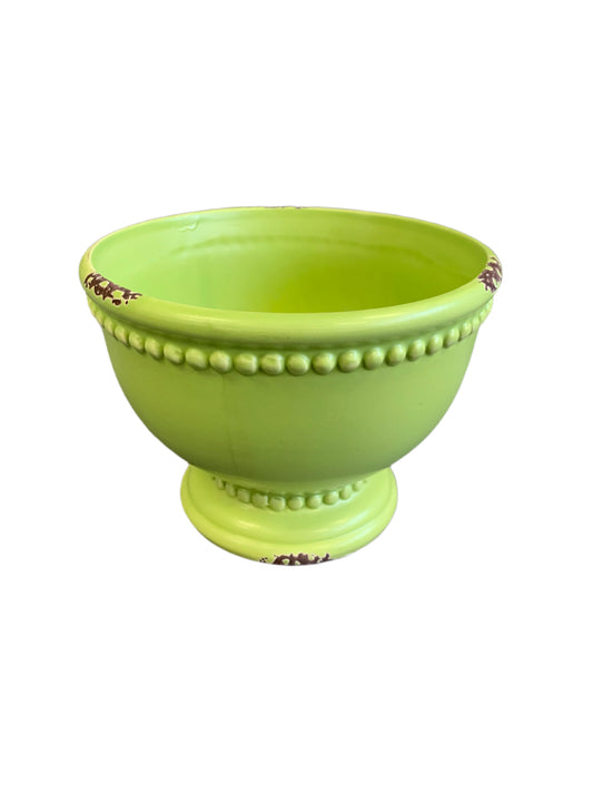 weathered lime green pedestal vase 4 inches tall 6 inch opening
