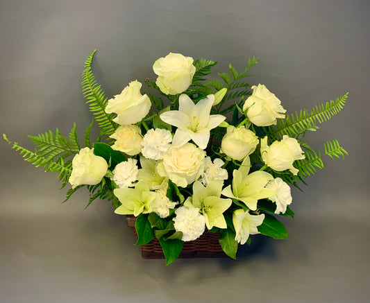 White Floral Sympathy Basket for delivery in Greater Toronto Area, North York Scarborough to Funeral Homes 