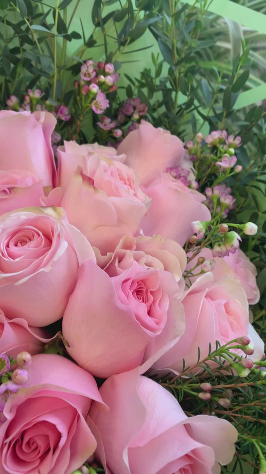 The Pink English Garden – 24 Pink Roses with Waxflower & Eucalyptus Halo